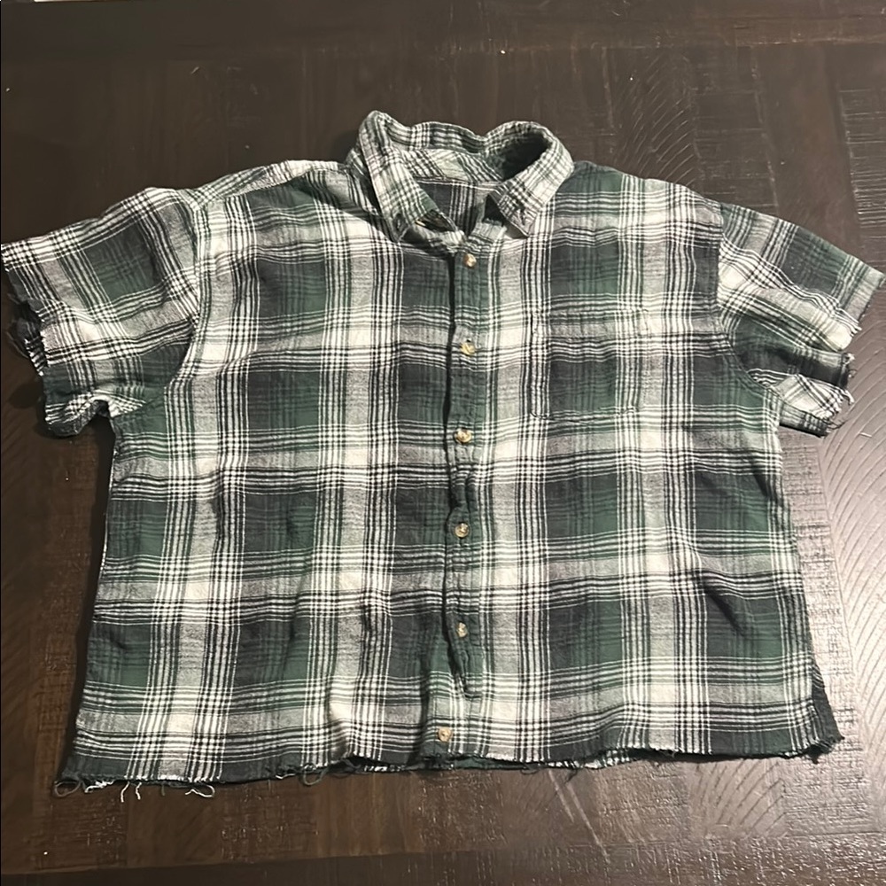 Distressed Plaid Cropped Short Sleeve Button-Up Shirt